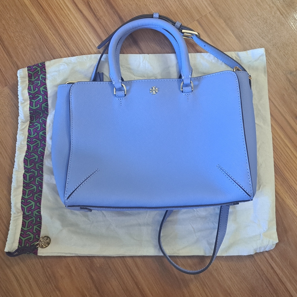 SOLD Tory Burch Small Robinson Zip Tote with Magnetic Side Pockets in Bow Blue